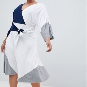 ASOS Curve White, Blue & Gray Colorblock Tie Waist Dress Size 16